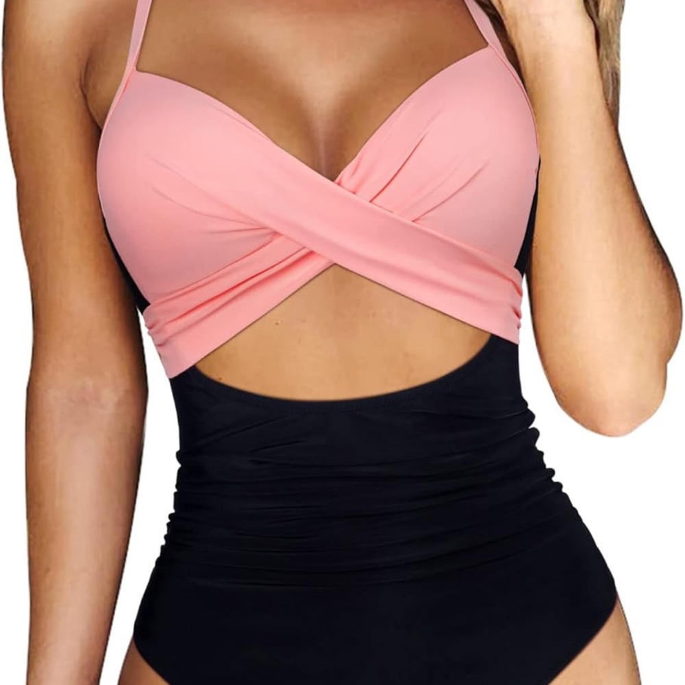 Pink and Black Women's Swimsuit